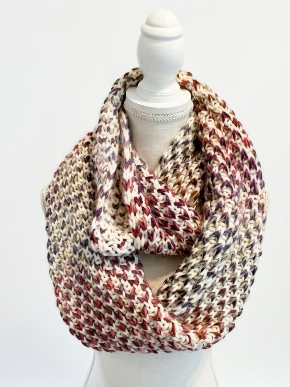 Multicolor Knit Infinity Scarf - Cream with Red & Purple Accents
